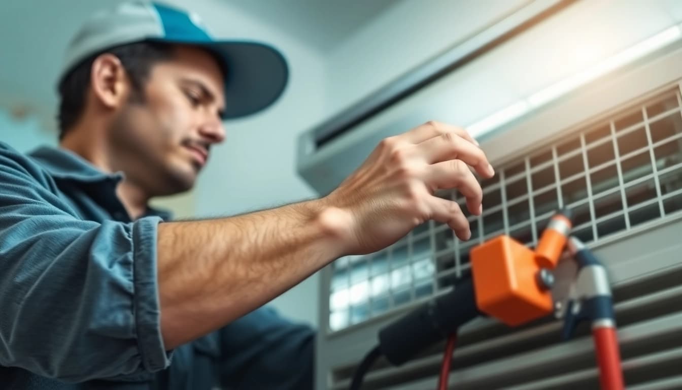 Expert technician performing emergency hvac repair bc on air conditioning unit at home.