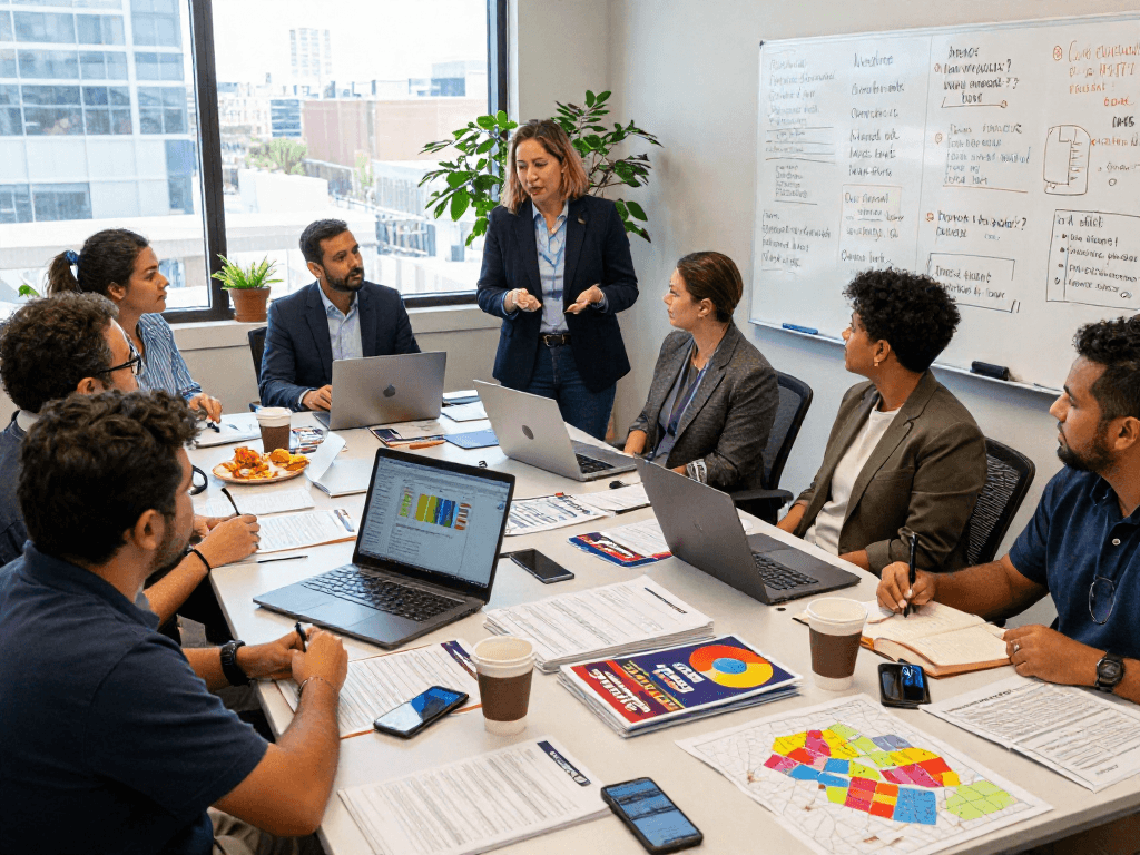 Engaged team strategizing political campaign analytics in a vibrant office.