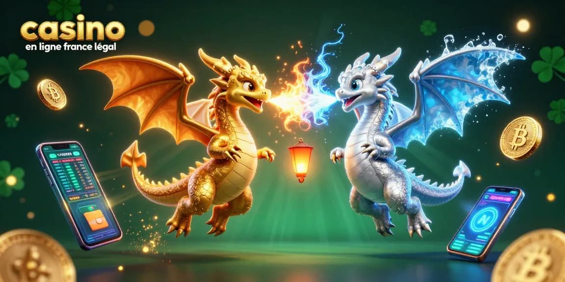 Casino en ligne France légal : dragons 3D entourés de cryptomonnaies illuminées.