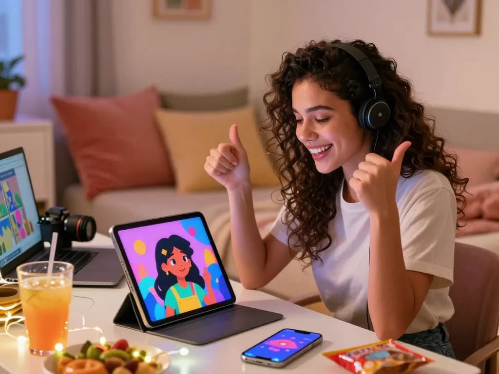 Engaging interaction with an AI girlfriend displayed on a tablet in a cozy bedroom atmosphere.