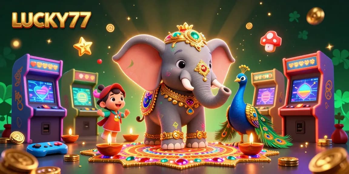 Experience LUCKY77 at a vibrant gaming scene with dynamic casino elements and colorful characters.
