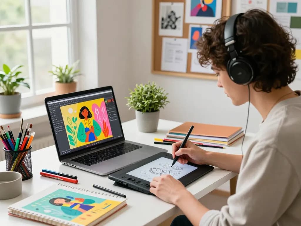 Artist sketching using an image to prompt tool in a modern digital workspace.