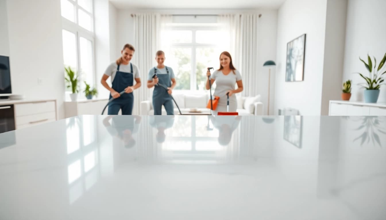 Experience a thorough Cleaning Service with professional cleaners transforming a bright living room.