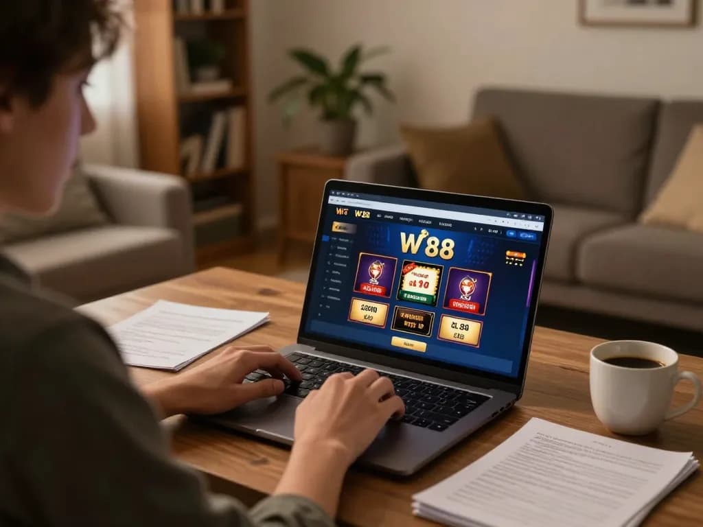 Player enjoying W 88 online gaming experience at home, highlighting strategic gameplay in a cozy setting.