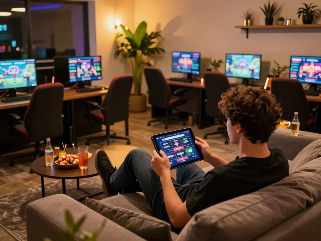 Engaging in online gaming at mm88 in a comfy setting with a tablet, promoting responsible gambling.