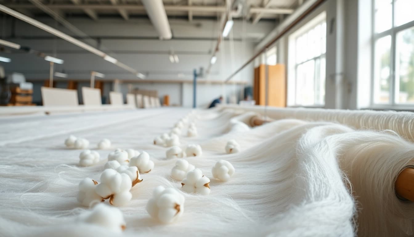 Goedkope katoen fabric showcased in a textile workshop with artisans at work.