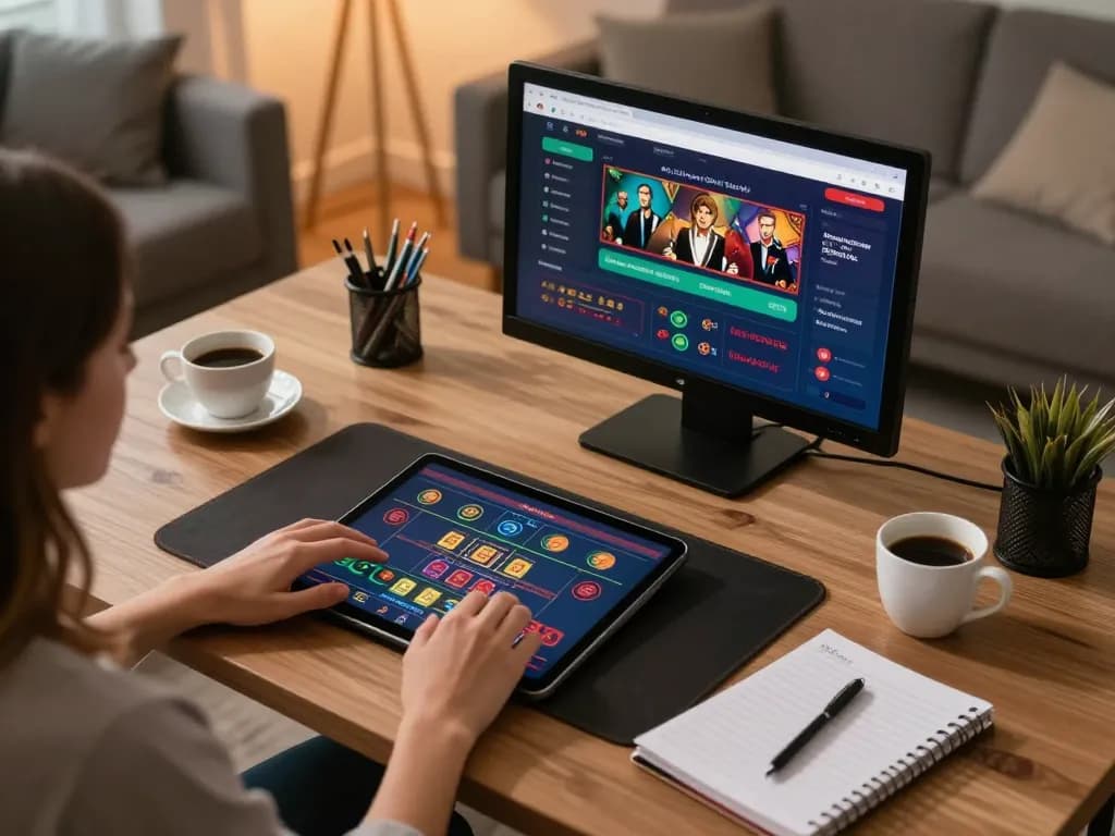 Engaging in online gaming on Trang chủ MM88 with a tablet in a cozy home office.