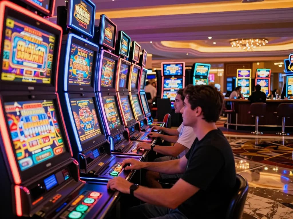 Players enjoying various slot machines with vibrant displays in a lively casino environment.