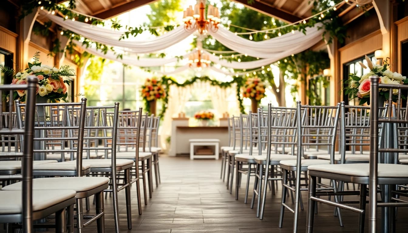 Enhance your event with beautiful chair rentals, showcasing diverse styles in an elegant outdoor setup.