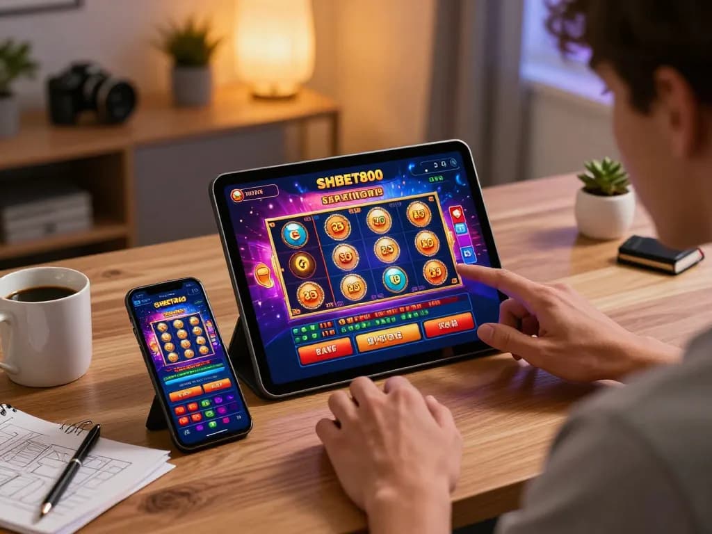 Engaging gameplay on SHBET800 casino app featuring vibrant slot graphics in modern home office.