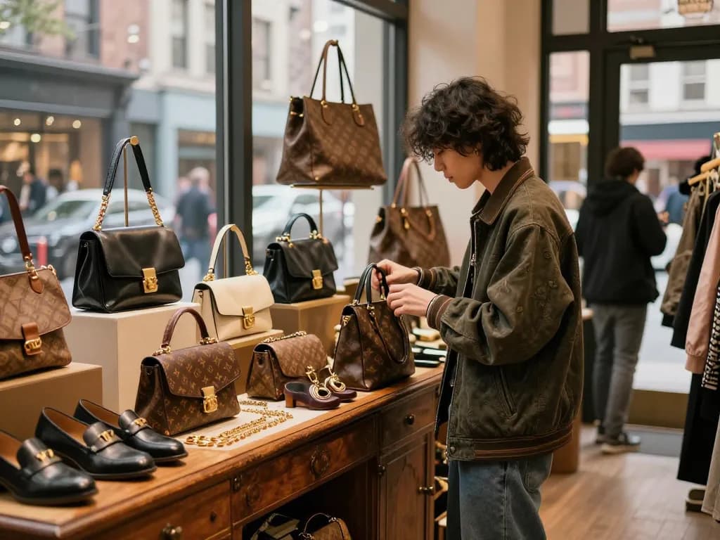 Stylish shopper exploring luxury 레플리카 bags in vibrant urban setting, emphasizing fashion culture.