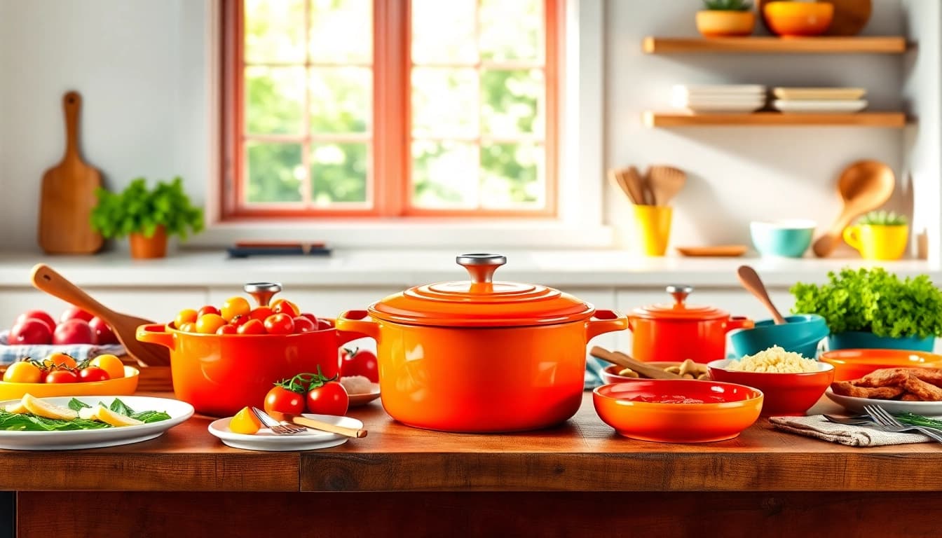 Stylish arrangement of colors in Le Creuset NZ cookware on a rustic table, showcasing vibrant kitchenware.
