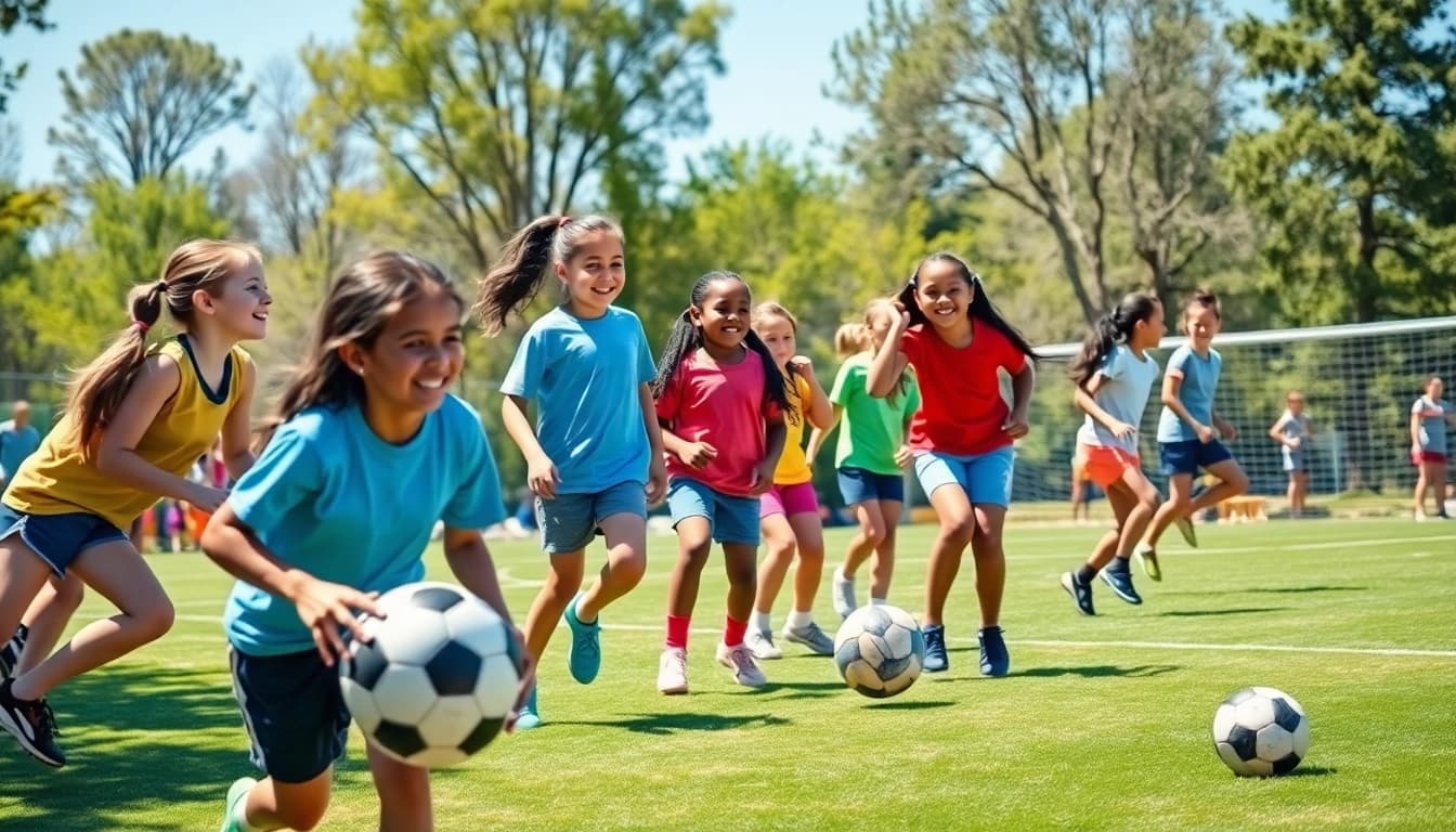 Girls participating in dynamic activities at Multi Sports Camps for Girls, showcasing teamwork and fun.
