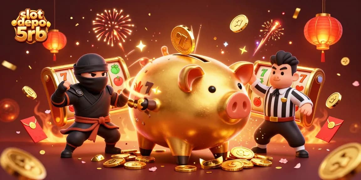 Engage in the thrill of slot depo 5rb with vibrant gaming visuals featuring a sumo piggy bank and dynamic casino elements.