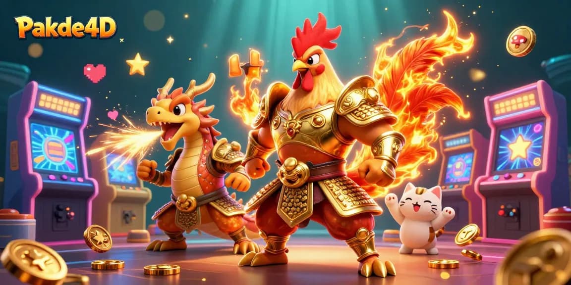 Experience the thrill of Pakde4D as a powerful rooster warrior battles alongside a dragon in an exciting digital casino scene.