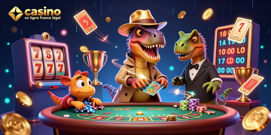 Illustration de casino en ligne France légal avec un vélociraptor et des éléments de jeu captivants.