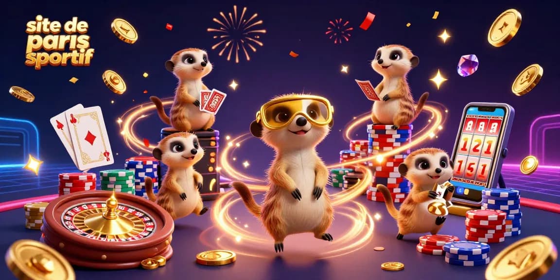 Les suricates gèrent un site de paris sportif animé avec des paris en cours et des jetons en envol.