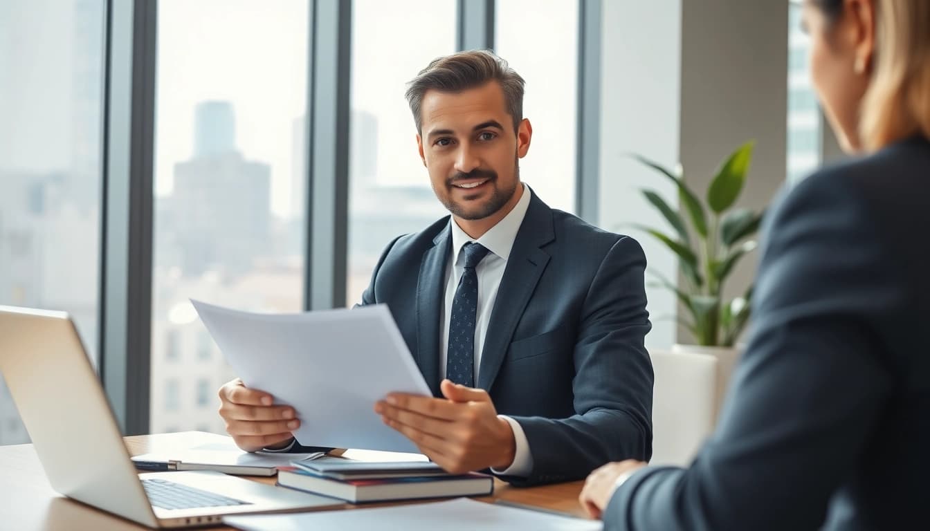 Engaged real estate lawyer guiding clients in a professional office setting.