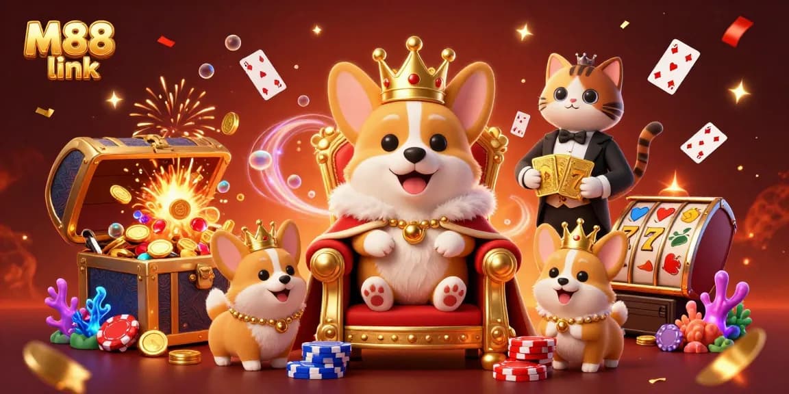 Experience M88 link through an engaging 3D casino-themed illustration filled with colorful characters and elements.