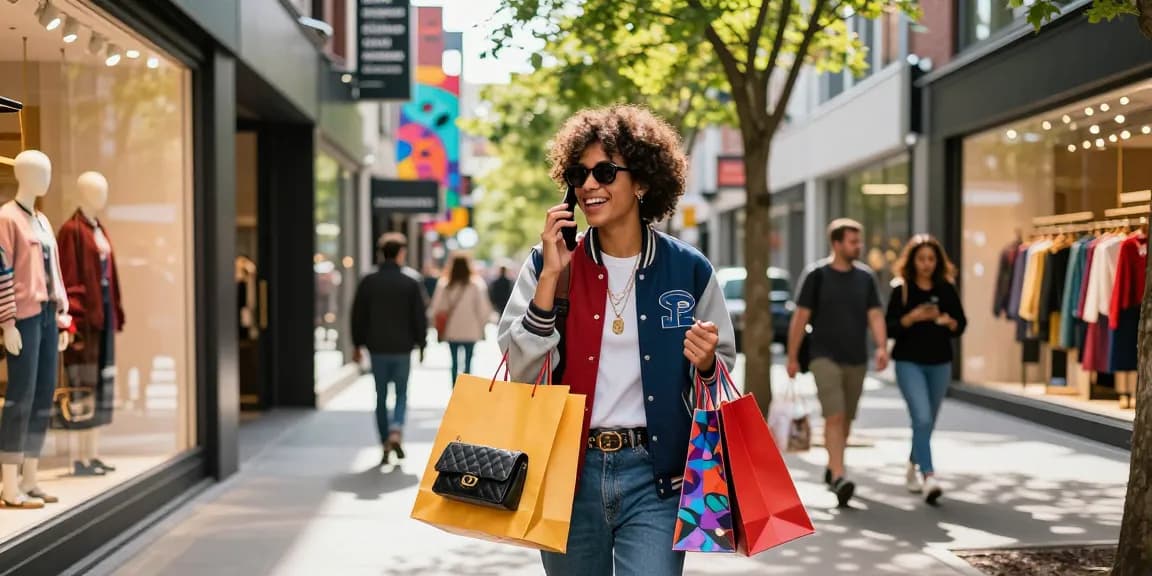 Vibrant shopping scene with trendy individual holding bags near https://shs-dome5.com/ storefronts.