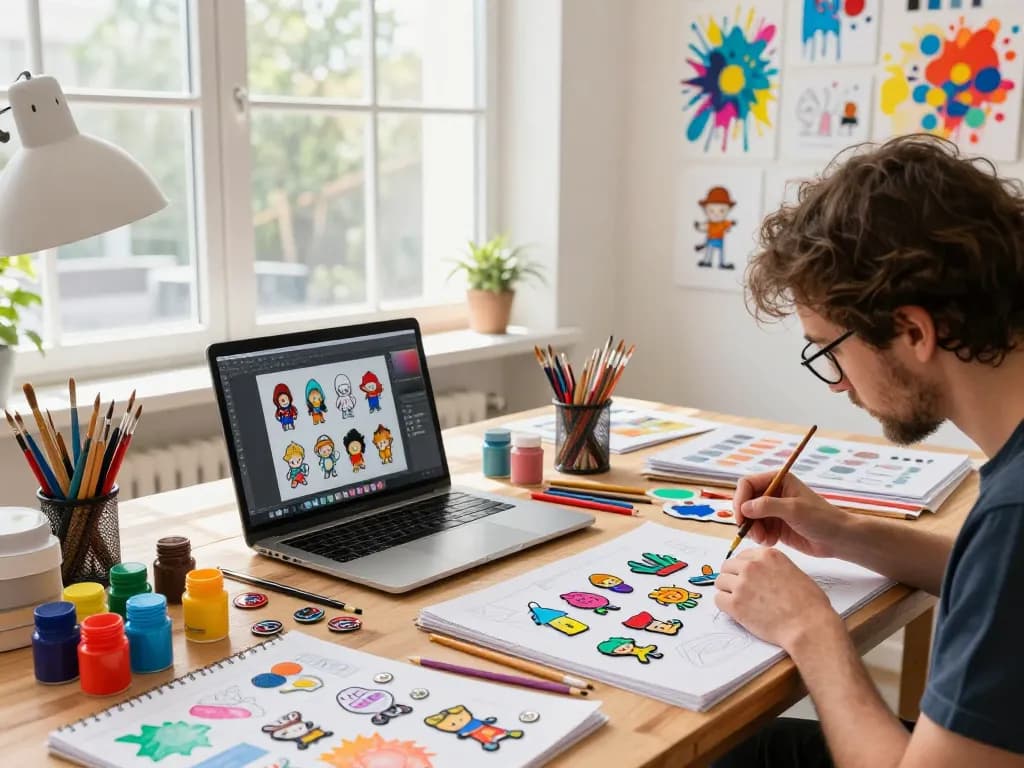 Designing custom acrylic pins in a colorful arts and crafts studio.