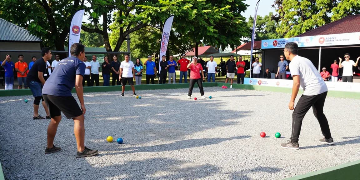 Permainan petanque di fopikotaparepare.org yang melibatkan tim kompetitif dengan penonton dan suasana ceria.