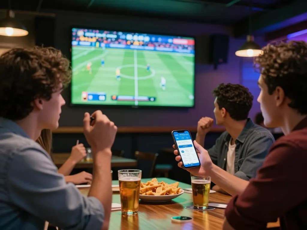 Engaged in sports betting on a mobile app, showcasing siti scommesse esteri in a lively bar setting