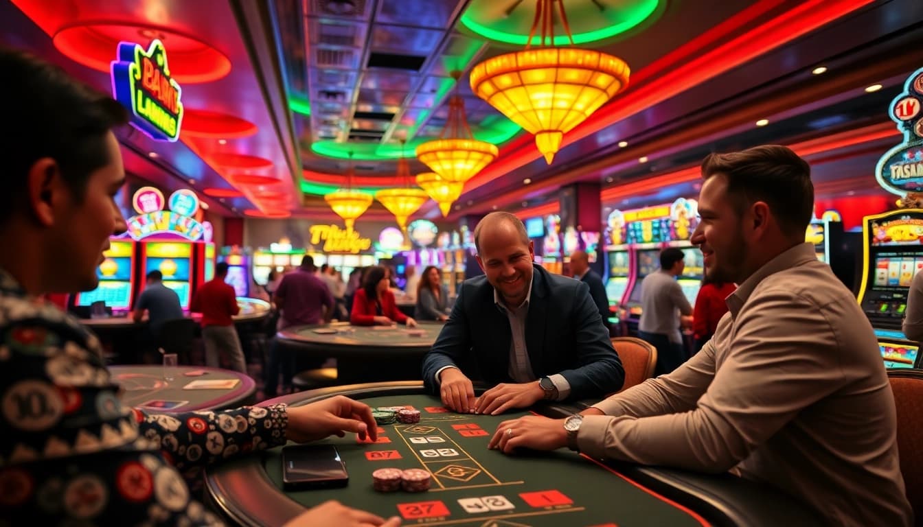Experience the thrill of Vegas hero casino with players at a blackjack table in a lively setting.
