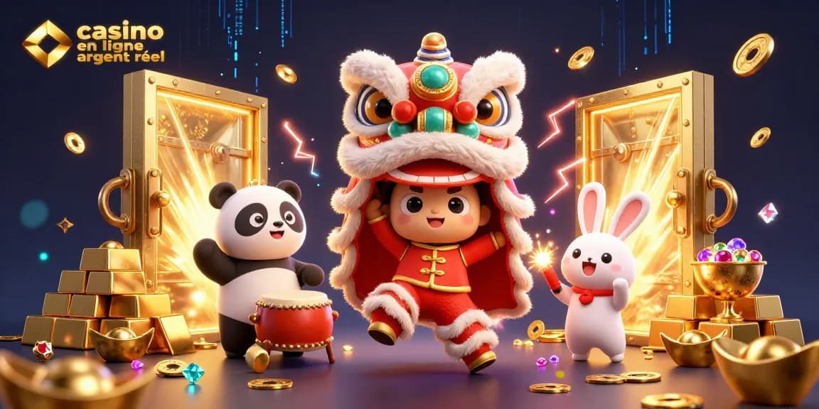 Explorez le casino en ligne argent réel dans une scène festive rythmée par des personnages animés et des trésors scintillants.