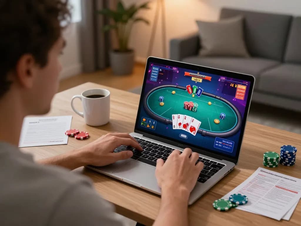 Join the action with MM88 while playing poker online in a modern home setting, showcasing strategy.