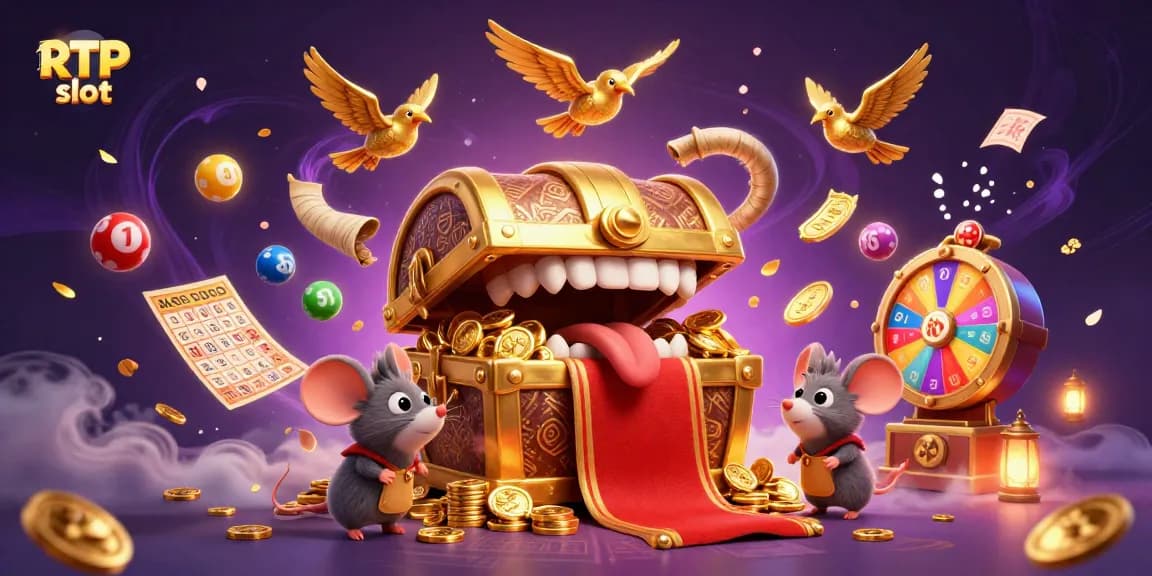 Engage with RTP slot games, featuring a treasure chest and vibrant casino elements.