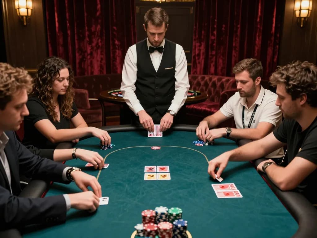 Players in a high-stakes tournament on alexis77, engaging in serious poker gameplay with chips stacked