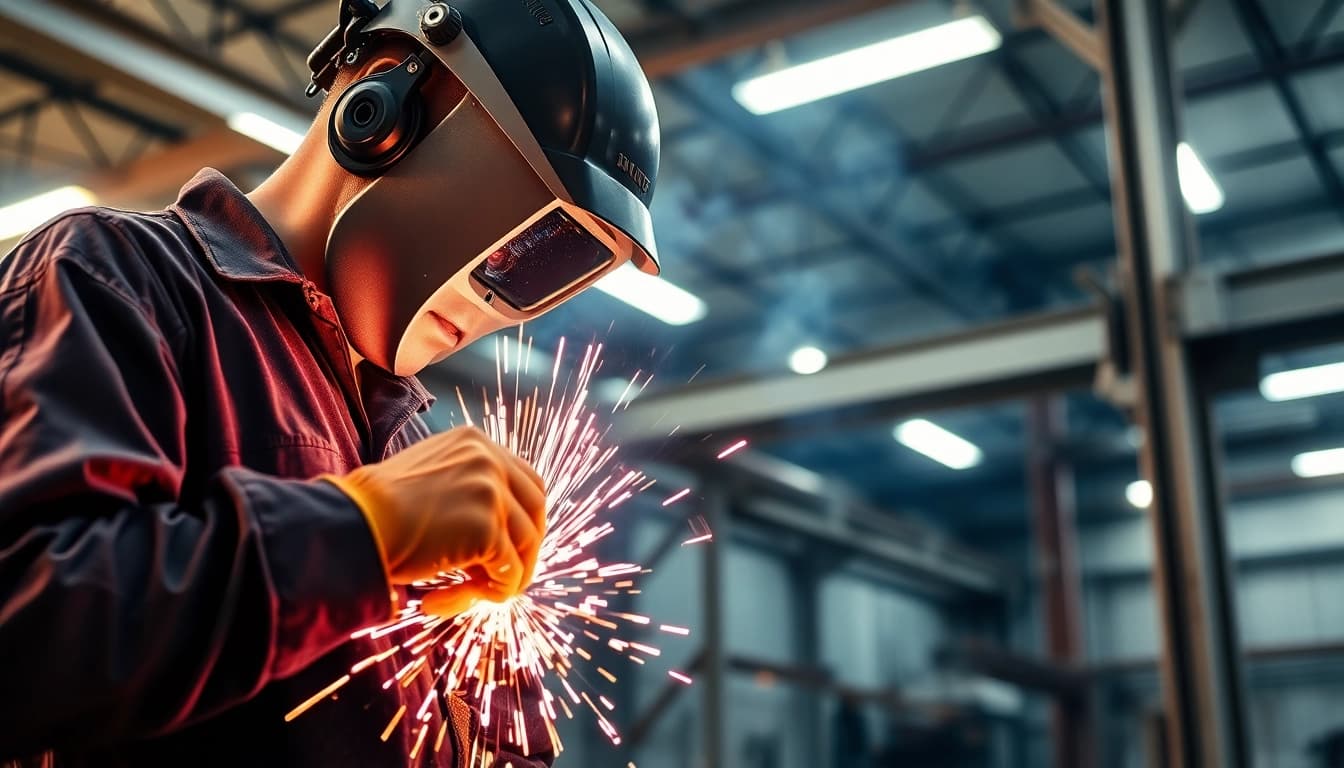 Welding process focusing on structural steel welding, highlighting a skilled welder in action.