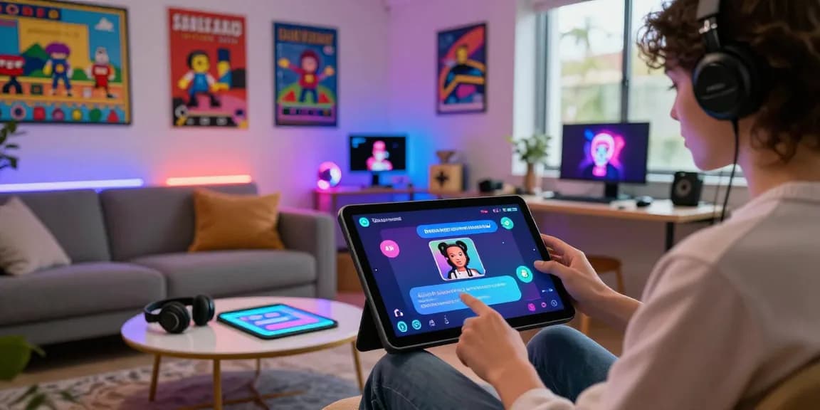 Interactive nsfw chat bot experience in a modern lounge environment with customizable avatars and engaging displays.