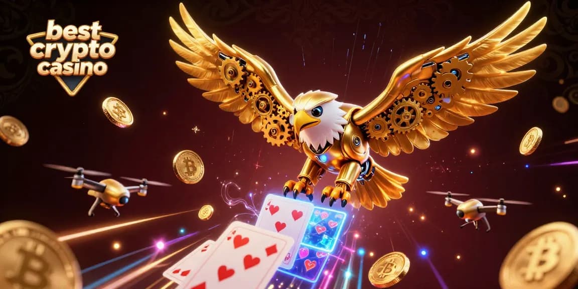 Illustration dynamique du meilleur casino crypto, mettant en avant des éléments de jeu et des cartes holographiques.