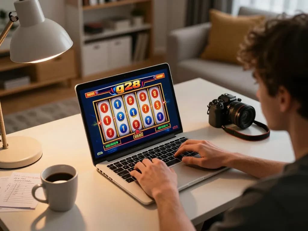 Engaging g28 online slots gameplay on a laptop, showcasing vibrant graphics and a lively home setup.