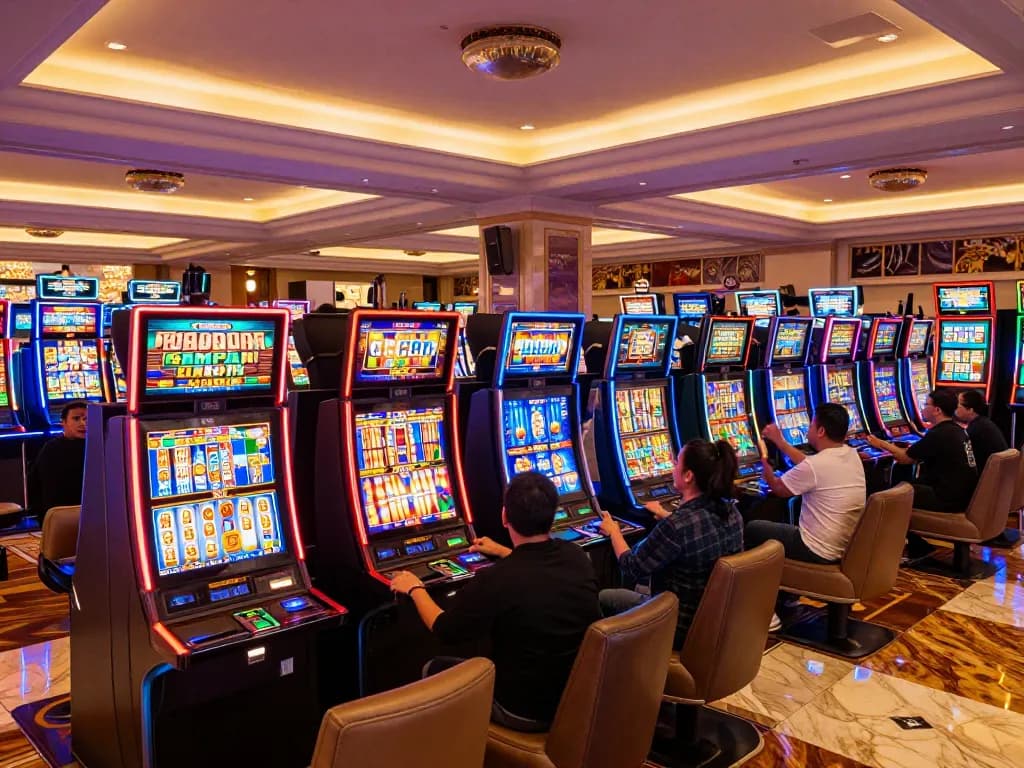 Players celebrating wins at colorful slot machines while enjoying the slot gacor gampang menang gaming experience.