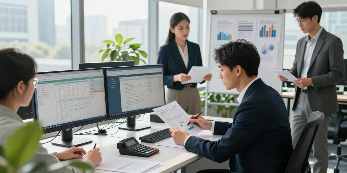 Member AAFI KOTA BOGOR memeriksa dokumen keuangan di kantor modern.