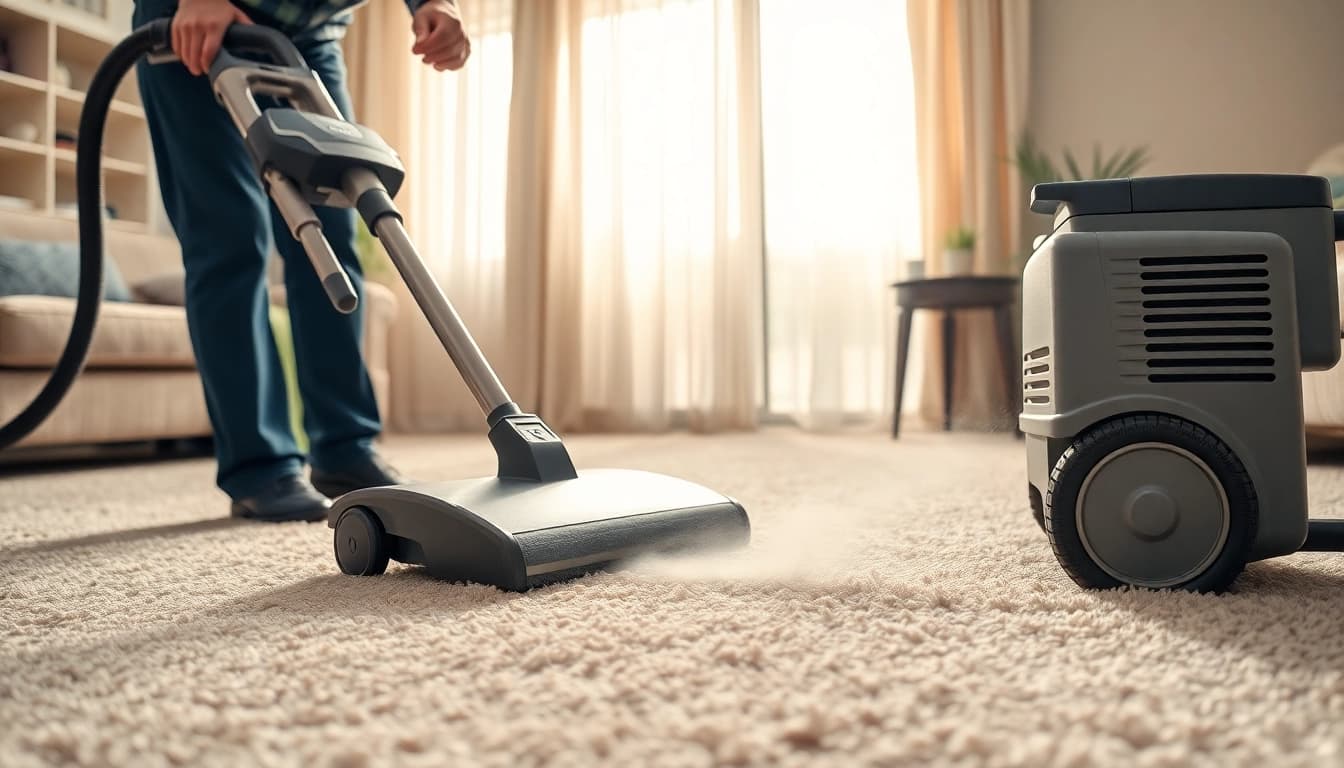 Local carpet cleaners diligently restoring a vibrant carpet in a sunlit living room.