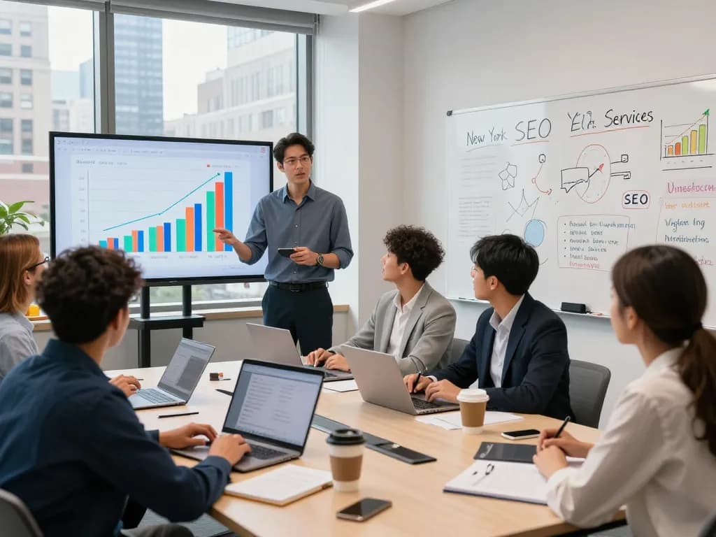 Team collaboration at a New York SEO agency showcasing New York SEO Services and analytics data.