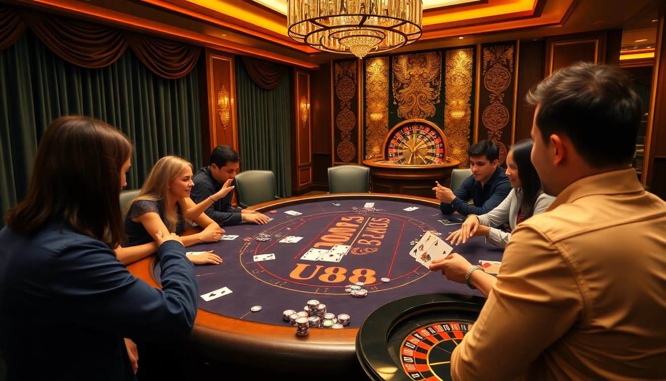 Players engaging in a high-stakes poker game at an elegant U88-themed casino table.