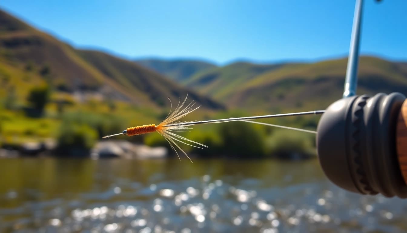 Fly fishing tippet elegantly displayed in a serene river setting with lush background.