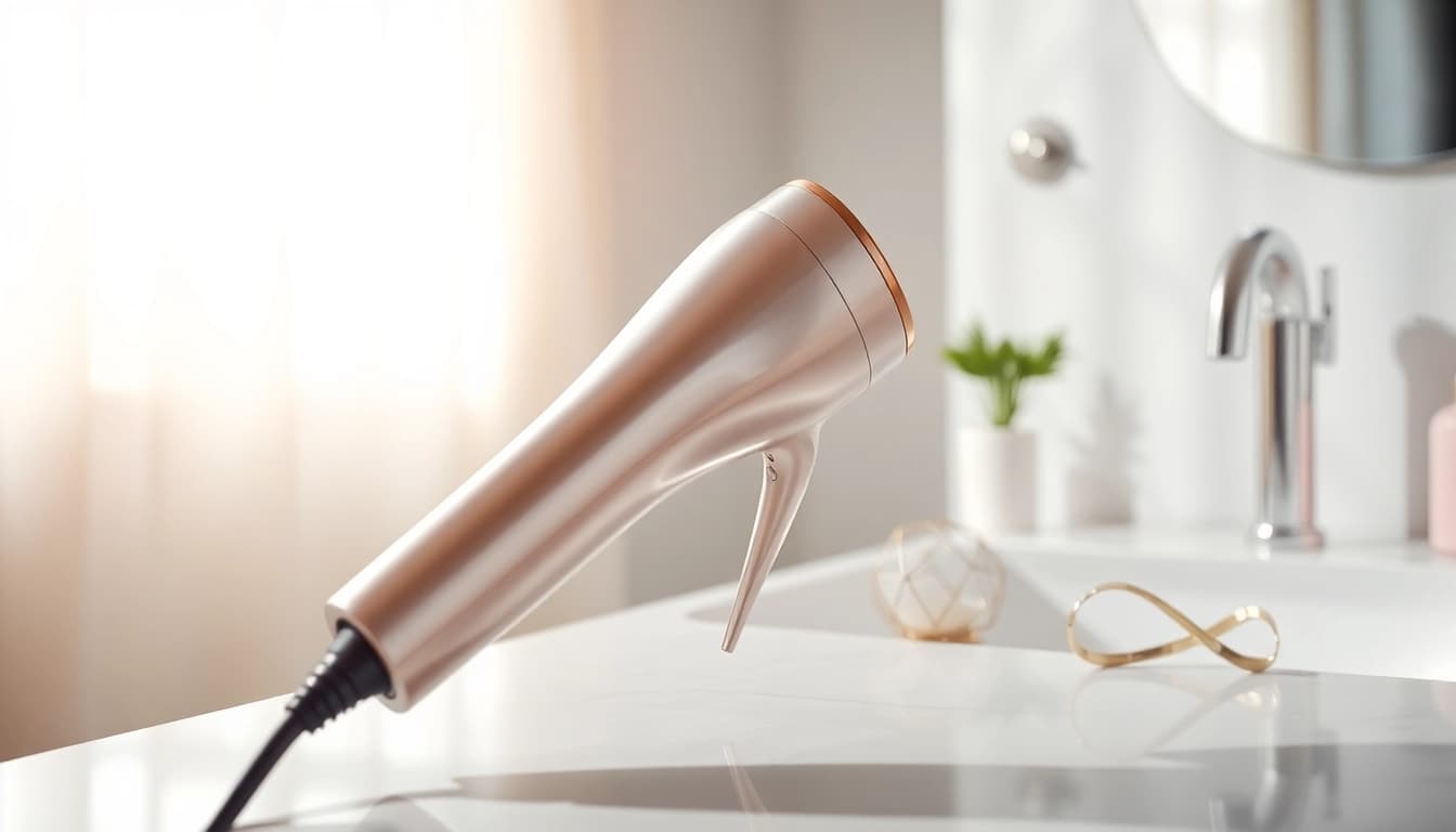 Transform your hair with a professional hair dryer for frizzy hair featuring sleek design and modern elegance.