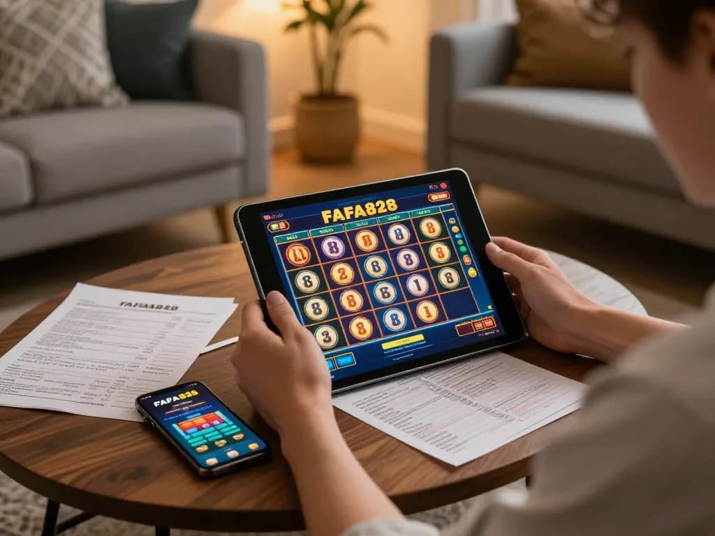 Experience FAFA828 slots gameplay on a tablet during a cozy home session, emphasizing strategic fun and responsible gaming.