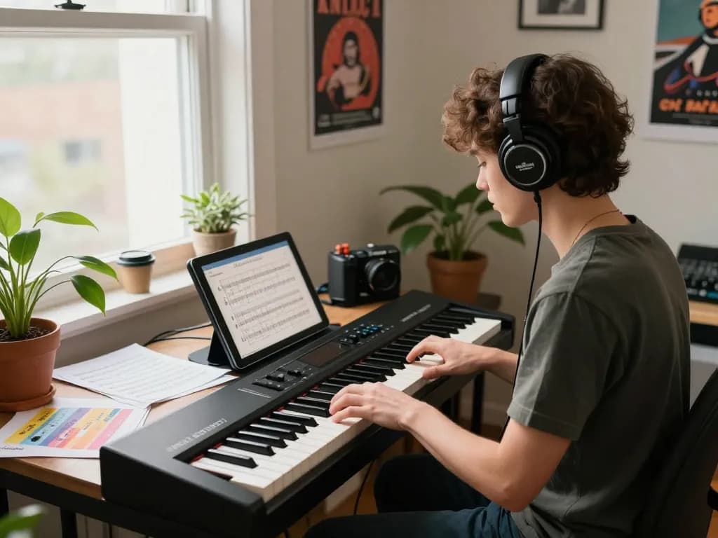 Enjoying the Roland GO 88 digital piano in a bright home studio filled with music sheets and a digital interface.