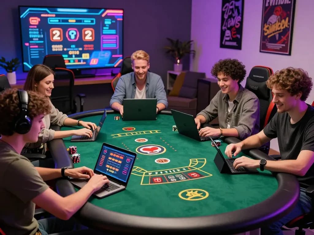 Engaged players enjoying a lively baccarat game on their devices, showcasing a vibrant online casino atmosphere, highlighting 바카라사이트 excitement.
