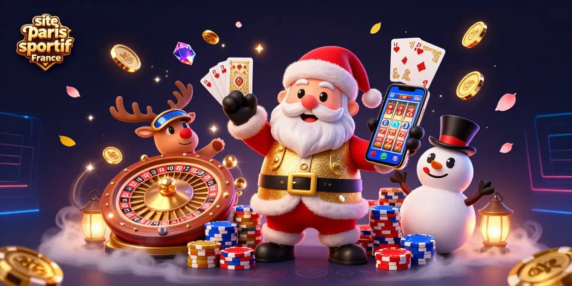 Les personnages de Noël s'amusent dans un site paris sportif France, entourés de jeux et de billets.