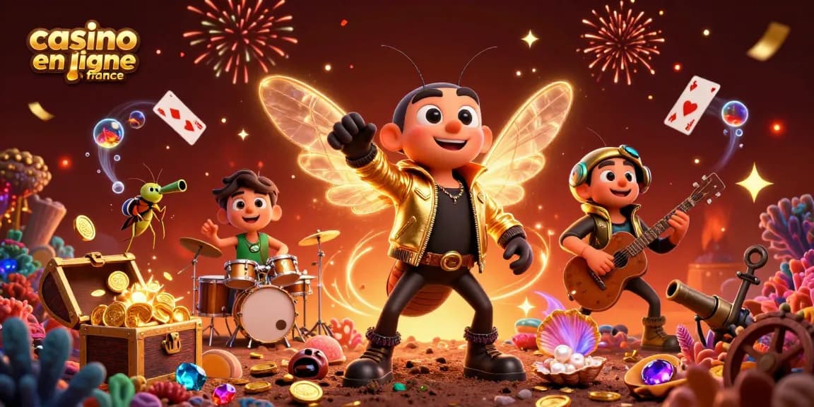 Découvrez le casino en ligne France avec cette illustration dynamique animée par une cigale rock star et des éléments de jeu
