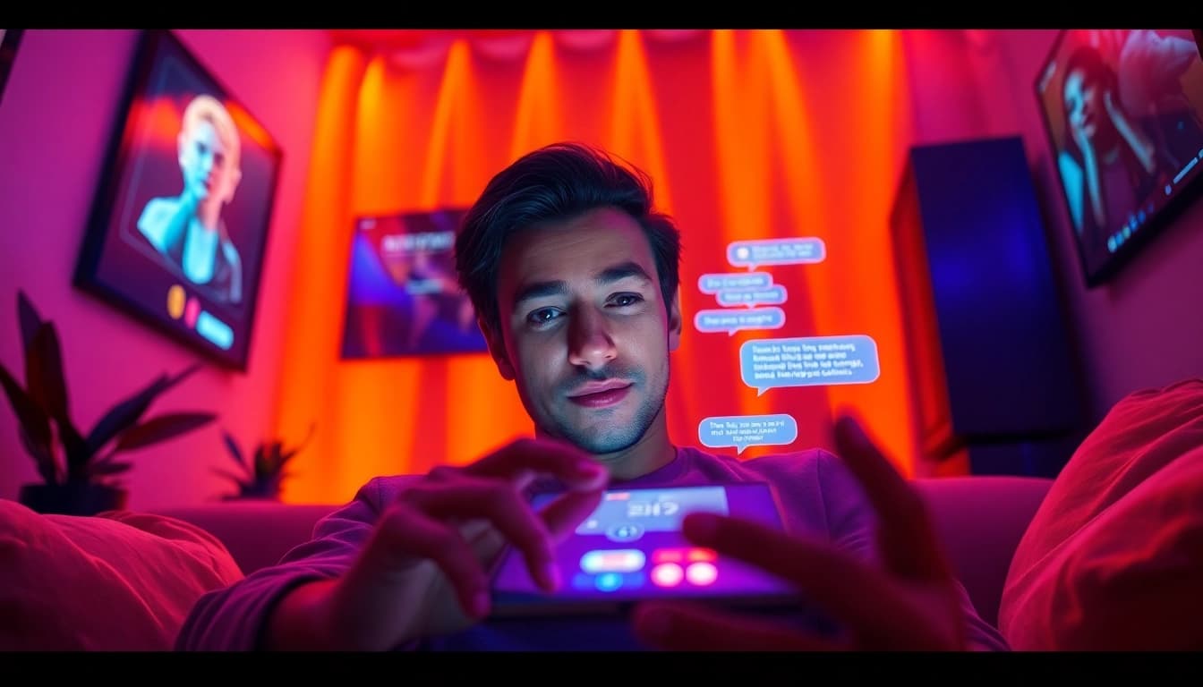 Exciting NSFW AI chat scene with glowing interactions and a cozy setting.
