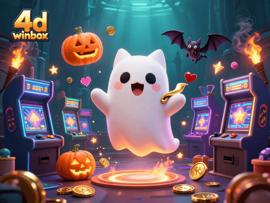 Join the excitement of 4d winbox with our vivid illustration of a ghost cat and bat companions in a haunted casino.